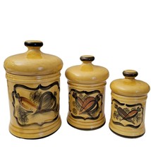 Vintage 3 Lot Los Angeles Potteries &#39;63 Mustard Yellow Ceramic Lidded Canisters - £47.76 GBP