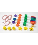 PRIMARY LACING BEADS STRINGING 25 WOODEN BEADS THREE LACES THREADS COLOR... - $7.91
