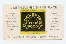 Glockenspiel Fine Food Advertising Card &amp; Mileage Chart Fredericksburg T... - $17.82