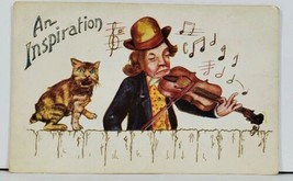 An Inspiration Man Playing Violin Horrified Cat 1909 Embossed Postcard E7 - $9.99