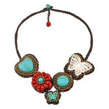 Magic Turquoise Garden of Butterflies Brass Beads on Cotton Rope Necklace - £19.04 GBP