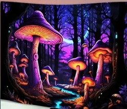 79&quot;x59&quot;Black LT Tapestry Neon Mushrooms Cresent Moon BL Water Trail Wall Hanging - £14.16 GBP