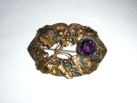 Art Nouveau Brass Amethyst Glass Stone Sash Pin Brooch Antique Jewelry - £75.17 GBP