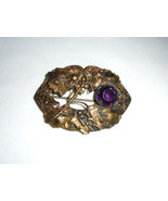 Art Nouveau Brass Amethyst Glass Stone Sash Pin Brooch Antique Jewelry - £74.53 GBP
