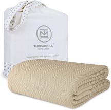 Threadmill 100% Pure Cotton, Luxury King Size Beige Blanket - Herringbone - £72.96 GBP