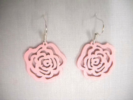 New Small Size Pastel Pink Cut Out Open Rose Flower Wooden Charm Drop Earrings - £3.18 GBP