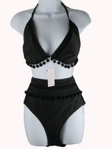 Women Bikini Cocoship Women Tassel Trim Bikini Size 14 Black - $16.82