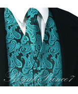 Mermaid Teal Green XS to 6XL Paisley Tuxedo Dress Vest Waistcoat &amp; Neck ... - £18.91 GBP+