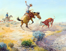 Framed canvas art print Giclée cutting out cowboys western roping cow - £31.37 GBP+