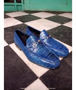 Men&#39;s Handmade Blue Patina Crocodile Leather Dress Loafers Shoes For Men - $2,052.33 MXN