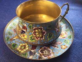 Antique Chinese Enamel Brass Cloisonne Cup &amp; Saucer 6.25” Diam - $271.40 CAD