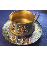 Antique Chinese Enamel Brass Cloisonne Cup &amp; Saucer 6.25” Diam - $197.98