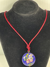 Vintage Large Cloisonné Enamel  pinkmfloral Pendant Blue Woven Rope Necklace - £7.71 GBP