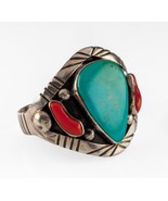 Navajo Kelvis Josh Turquoise &amp; Corail Large Manchette Bracelet 68.5gr - $418.79