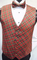 Christmas Red Green Gold Plaid Tuxedo Vest and Bow Tie - £116.81 GBP