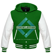 Premium Letterman Varsity Jacket with Hood &amp; White Real Leather Sleeves XS-7XL - £75.40 GBP+