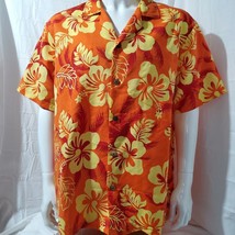 Ali&#39;i Fashions Men&#39;s Orange Red &amp; Yellow Hawaiian Hibiscus Flower Shirt Size L - £19.98 GBP