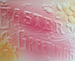 Easter Greetings Postcard Big Deep Embossed Letters Flowers Airbrushed Vintage - £4.86 GBP