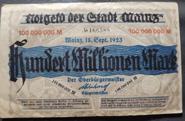  German 100M Mark 1923 Rotgeld Der Stade Mainz Banknote - £3.91 GBP