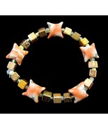 BEADED Vintage BRACELET ORANGE &amp; GOLDTONE Flower Pillow Beads Elastic St... - $16.99