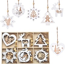 Christmas Tree Ornaments Set of 24 Wooden Craved Hanging Craft Decoratio... - £28.84 GBP