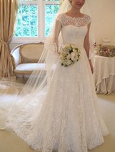 Capped Sleeves Sweep Train A-line Lace Wedding Dress  Scoop Neck Wedding... - £143.38 GBP