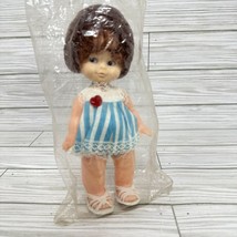 Honey Child Baby Girl Doll Plastic Brown Hair Blue Stripe Dress VTG Hong Kong 7&quot; - £18.45 GBP