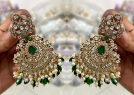 Bollywood Style Indien Plaqué Or 925 Argent Sterling Zircon Earrings Set - £337.75 GBP