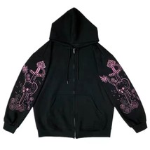 Retro Black Y2K   Print Zipper Ribbon Hoodie Super Spicy Ladies Oversized Jacket - £71.84 GBP