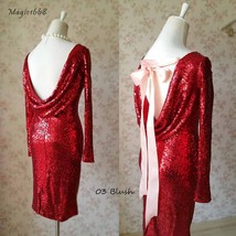 Sexy Wine Red Fitted Long Sleeve Open Back Sequin Dress Plus Size Party ... - $125.99