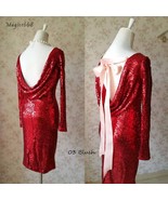 Sexy Wine Red Fitted Long Sleeve Open Back Sequin Dress Plus Size Party ... - £99.35 GBP