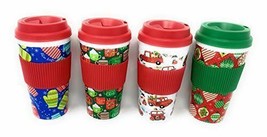 Holiday Printed Travel Mugs 16 oz Double Wall Set of 4 Tumblers with Lid... - £19.56 GBP