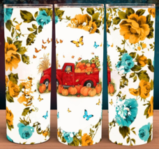 Pioneer Woman Rose Shadow Fall Red Truck and Pumpkins Floral Cup Tumbler - £15.67 GBP