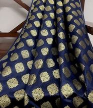 Banarasi Brocade Fabric Navy Blue &amp; Gold Fabric Wedding Dress Fabric - NF532 - £5.88 GBP+