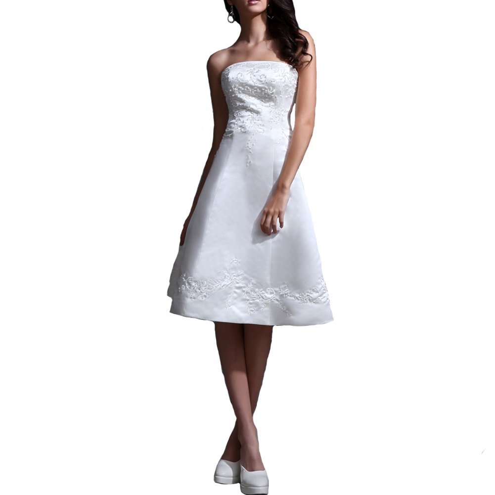 Kivary Women's White Luxury Embroidery Short Satin Strapless Beaded A Line Weddi
