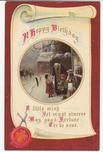 Vintage Postcard Birthday Children and Old Woman By Store in Snow - £6.99 GBP