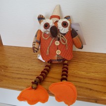 Owl Shelf Sitter, Plaid Fabric, wearing waistcoat and hat, bead legs, fall decor image 4