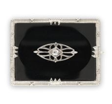 14k Gold Genuine Natural Black Onyx Filigree Brooch Pin with a Diamond (... - $371.25
