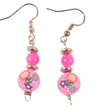 Pink Handmade Dangle Earrings Clay and Glass Beads 1 Inch Long - £3.12 GBP