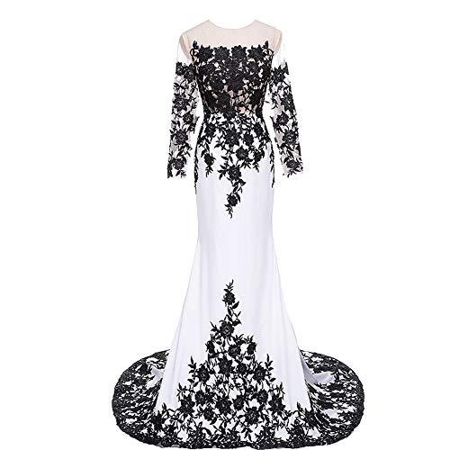 See Through Top Black Lace White Mermaid Long Sleeves Prom Evening Dresses US 10