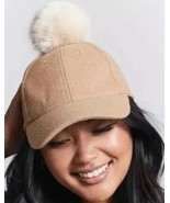 Tan Pom Pom Ball Hat Baseball Cap Soft Wool Blend Furry Fuzzy Adjustable... - £8.57 GBP