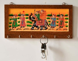 6 Hook Wooden Rajasthani Art Work Hanging Key Holder US - £21.89 GBP