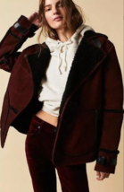We The Free People Cassidy Cozy Jacket Burgundy Suede Coat Leather Sherpa Small - £226.46 GBP