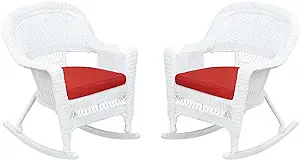 Rocker Wicker Chair With Red Cushion, Set Of 2, White - £452.22 GBP