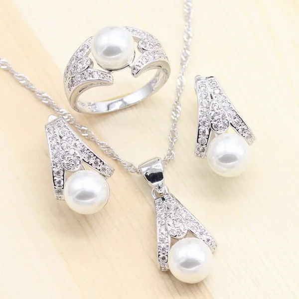 Sliver Jewelry Sets Freshwater Pearl Necklace Pendant Stud Earrings Wedd... - $27.67