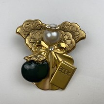 Vintage Angel Pin Gold Tone Green Apple Rhinestone Halo Book Tie Tack - £17.57 GBP