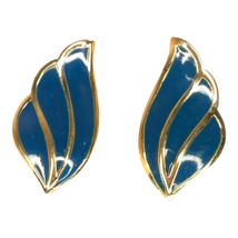 MONET Earrings Blue Enamel Pierced  80s Gold Tone Swirl Signed Small 3/4” Vtg - £14.66 GBP