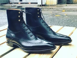  Men Navy Blue Leather Wing Tip Brogue High Ankle Lace Up Handmade Dress... - $149.99+