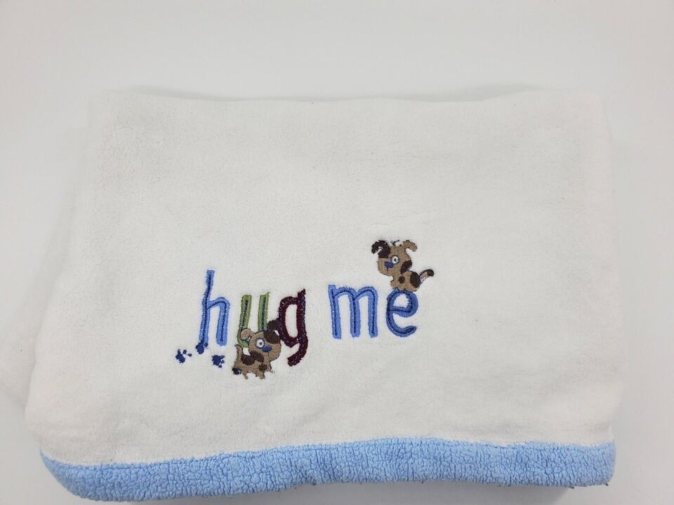 Primary image for Just Born Baby Blanket White Blue Hug Me Puppy Puppies Soft Fleece B17