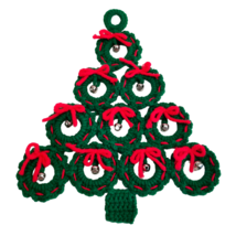 Christmas Tree Door Hanger Handmade Crochet Wreath Bells Bows Holiday De... - £16.03 GBP